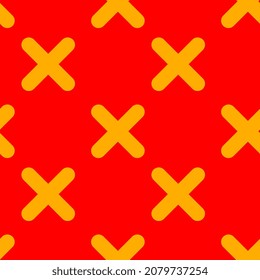 Vector simple illustration with yellow color line cross on red background. Flat style seamless pattern design with cross shape for web, site, banner, print, textile