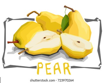 Vector simple illustration of yellow pears with half in angular cartoon style.