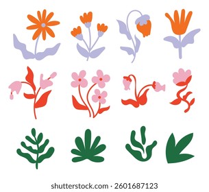Vector simple illustrations, simple wavy and groovy, hand drawn naive style, flowers and plants