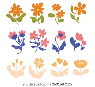 Vector simple illustrations, simple wavy and groovy, hand drawn naive style, flowers and plants