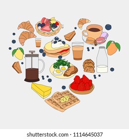 vector simple image breakfast ingredients delicious useful fruit on a plate cupcake and dish