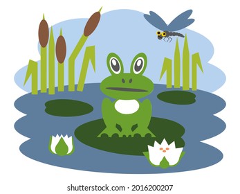 Vector simple image of a cartoon toad sitting on a water lily leaf in a pond and a dragonfly flying past against the background of reeds and water lily flowers.