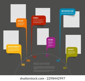 Vector simple infographic circle time line template with rectangle photo placeholders. Business company timeline overview profile with photos and color text blocks. Multipurpose dark photo timeline 