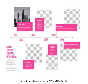 Vector simple infographic horizontal time line template with rectangle photo placeholders. Business company timeline overview profile with photos and pink text blocks. 