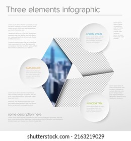 Vector Simple infographic template with three photo placeholders. Business company overview profile with three photos and some descriptions. Multipurpose photo infograph or infochart.