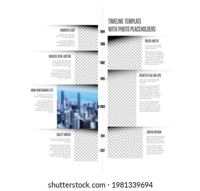 Vector simple infographic vertical time line template with rectangle photo placeholders. Business company timeline overview profile with photos and text blocks. Multipurpose photo timeline infograph 