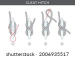 Vector simple instructions for tying a Cleat hitch. Four steps. Best way to tie a boat to a dock. Isolated on white background.