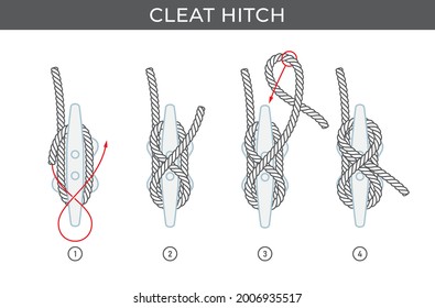 Instrucciones de vectores simples para atar una complicación de Cleat. Cuatro pasos. La mejor manera de atar un barco a un muelle. Aislado sobre fondo blanco.