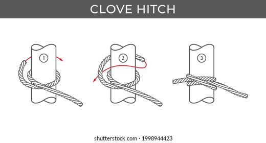 Vector simple instructions for tying a Clove hitch. Three steps. Isolated on white background.