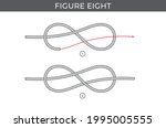 Vector simple instructions for tying a Figure eight knot. Two steps. Isolated on white background.