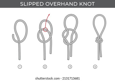 Vector simple instructions for tying a slipped overhand knot. Four steps. Isolated on white background. svg