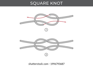 Vector simple instructions for tying a Square knot. Three steps. Isolated on white background.