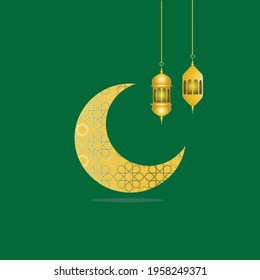 A vector simple Islamic art geometry with beautiful gold lantern at crescent moon. For Eid Mubarak and other Islamic celebration concept.