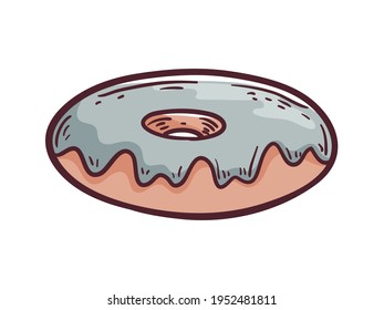 Vector simple isolated illustration on white background. Cartoon doodle picture of a donut with frosting. Single object for design or logo with black outline.