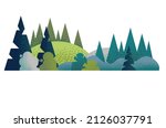 Vector simple landscape. Composition with nature and trees. Coniferous forest with fir trees and shrubs. Flat minimal style with texture