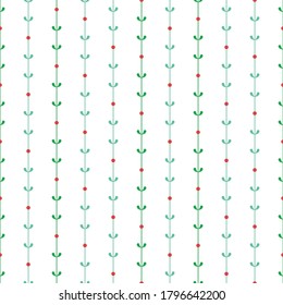 Vector simple leaves and berries texture. Holiday seamless pattern background. Floral stylish swatch.