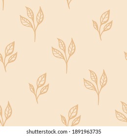Vector Simple Leaves Lineart in Champagne Color Shades seamless pattern background. Perfect for fabric, wallpaper and scrapbooking projects.