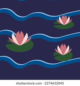 Vector simple lilly pads with lotus flower on a pond.