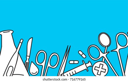 Vector simple line art medical tools horizontal seamless pattern with clipping mask 