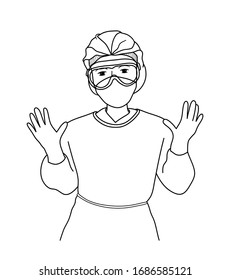 Vector Simple Line Draw Doctor Wearing Personal Protective Equipment, N95 Mask, Goggles, Caps, Gloves And Cloths For Infectious Disease Outbreaks Protection