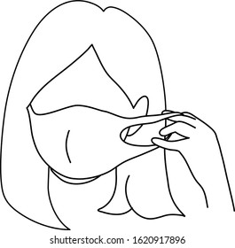 vector, simple line draw, a woman wearing face mask, pm 2.5 pollution protection, prevent covid-19 pandemic infection