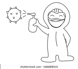 vector simple line drawing cartoon of human in PPE spraying covid-19 virus with disinfectants
