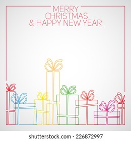 Vector simple line drawing christmas card. christmas presents, gift boxes.