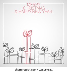 Vector simple line drawing christmas card. christmas presents, gift boxes