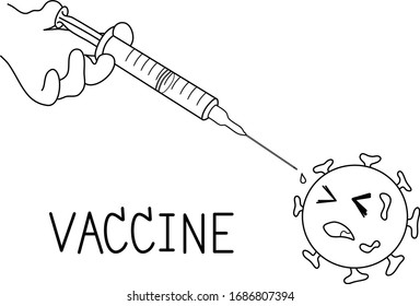 vector simple line drawing hand holding syringe contained vaccine inject to virus cartoon, cover-19 pandemic, prevention medicine
