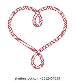 Desenho de linha simples de vetor de uma corda vermelha amarrada na forma de um coração. Isolado no fundo branco.
