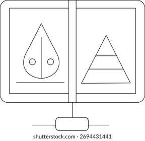 Vector simple line drawing of a water drop and a pyramid on a screen, isolated on white background