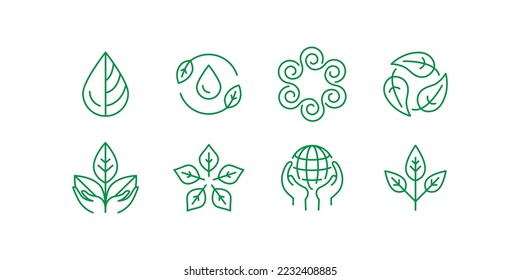Vector simple line icons and illustration, eco, bio and organic packaging badges, ecological, environment friendly and sustainable development, fresh natural ingredients cosmetics and products