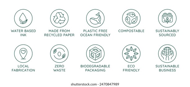 Vector simple line icons and illustration, eco, bio and organic packaging badges, ecological, environment friendly and sustainable development, eco and ocean friendly, plastic free,  compostable
