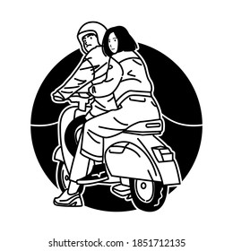Vector Simple Line Illustration Couple Ride a Scooter