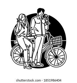 Vector Simple Line Illustration Couple with Bicycle