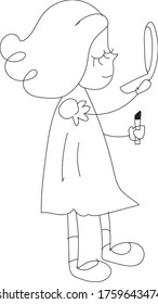 vector simple line illustration girl with pomade mirror  flat cartoon fun