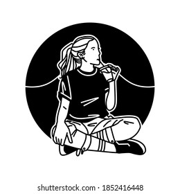 Ilustración de línea simple vectorial Las niñas beben y sentan con patas cruzadas