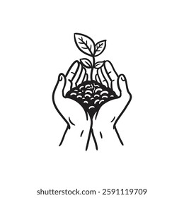 vector simple line illustration hands holding soil covered with tree shoots