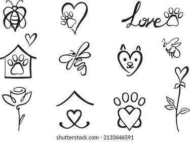 Vector simple line logo icon set  Pet  bee   plant love  Cat  dog  flower  heart abstract line elements  Cute outline design for veterinary store clinic black   white concept illustration 