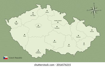 Vector simple line map of the Czech Republic with marked regions and the names of regional cities.