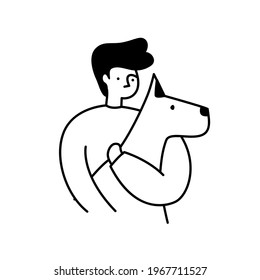 Vector simple linear black and white illustration of a person holding a pet dog
