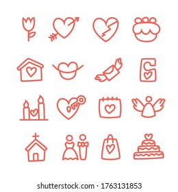 Vector simple linear icons on wedding theme