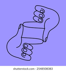 Vector simple linear illustration, hand poster, logo, print design template, hand drawn hands making frame and gesture in minimal modern art style