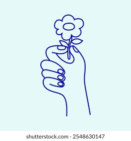 Vector simple linear illustration, hand poster, logo, print design template, hand drawn hand holding flower, gesture in minimal modern art style