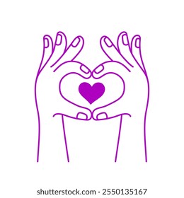 Vector simple linear illustration, hand poster, logo, print design template, hand drawn hands holding hear,t gesture in minimal modern art style