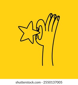 Vector simple linear illustration, hand poster, logo, print design template, hand drawn hand holding star, gesture in minimal modern art style