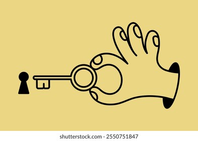 Vector simple linear illustration, hand poster, logo, print design template, hand drawn hand holding key, gesture in minimal modern art style