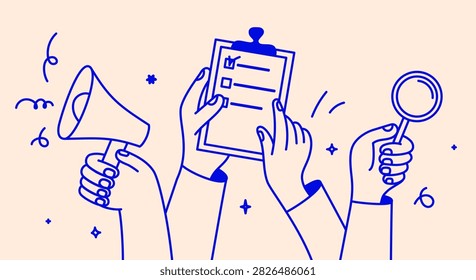 Vector simple linear illustration, hands and gestures, hand drawn illustration, poster, logo, print design template, business cooperation and teamwork concept, hands gholding megaphone, report and magnifying glass