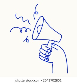 Vector simple linear illustrations, hand and gesture, hand drawn illustration, hand holding megaphone, advertising and marketing concept, announcement 