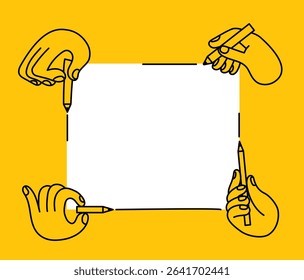 Vector simple linear illustrations, hands and gestures, hand drawn illustrations, poster, logo, print design template, craft or creative work concept, graphic designer, creative class